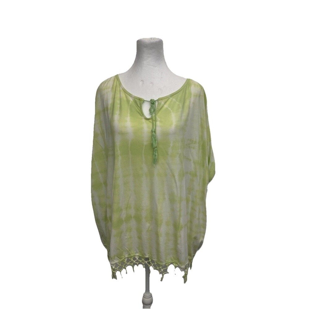 Chaps Women’s Blouse Green Tie-dye Keyhole Front Size M Dolman Sleeve Oversized
